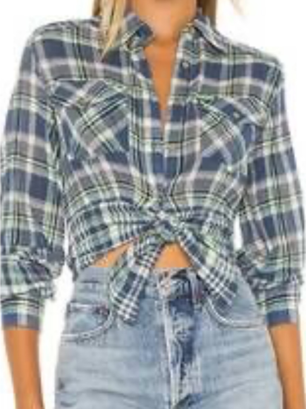 Free People We The Free Navy & Green Plaid Tie-Front Button Down